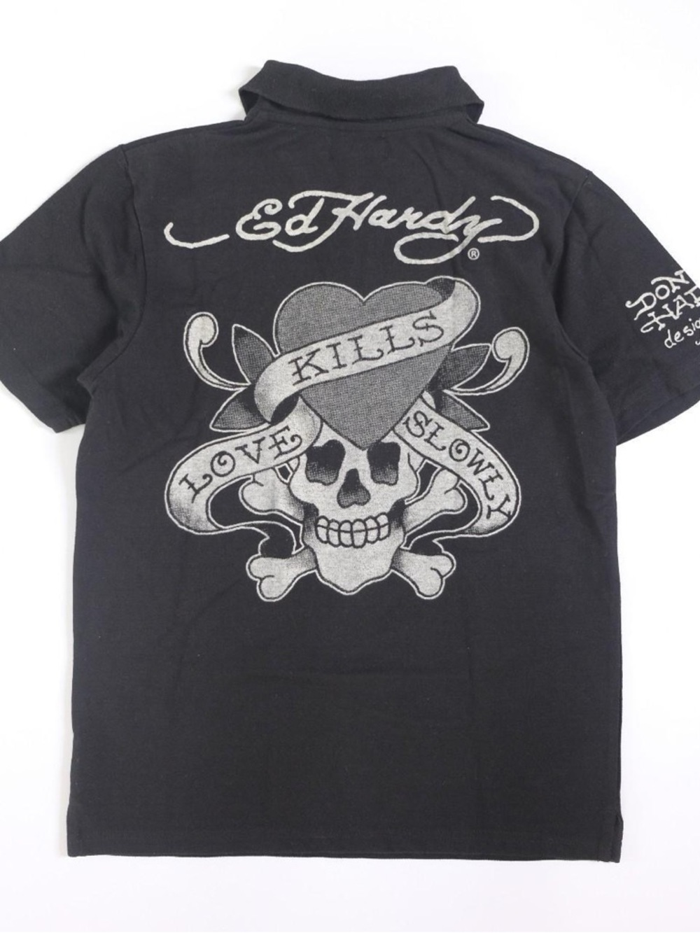 Ed Hardy Black Polo with Gray 'Love Kills Slowly' Skull Graphic